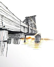 An extreme macro close-up captures the intricate details of an old wooden bridge over a river at sunset. The image is rendere