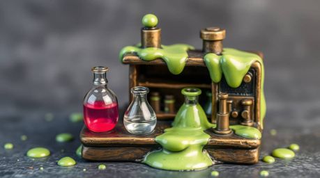 This artwork showcases an adorable and charming science lab covered in slime, cast in bronze with an antique patina finish. T