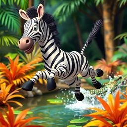 This vibrant, high-resolution stock photo features a 3D cartoon zebra with classic black and white stripes leaping in fright 