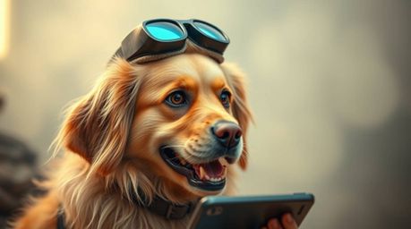 A playful Golden Retriever detective with bright, expressive eyes embarks on thrilling adventures using high-tech gadgets.  I