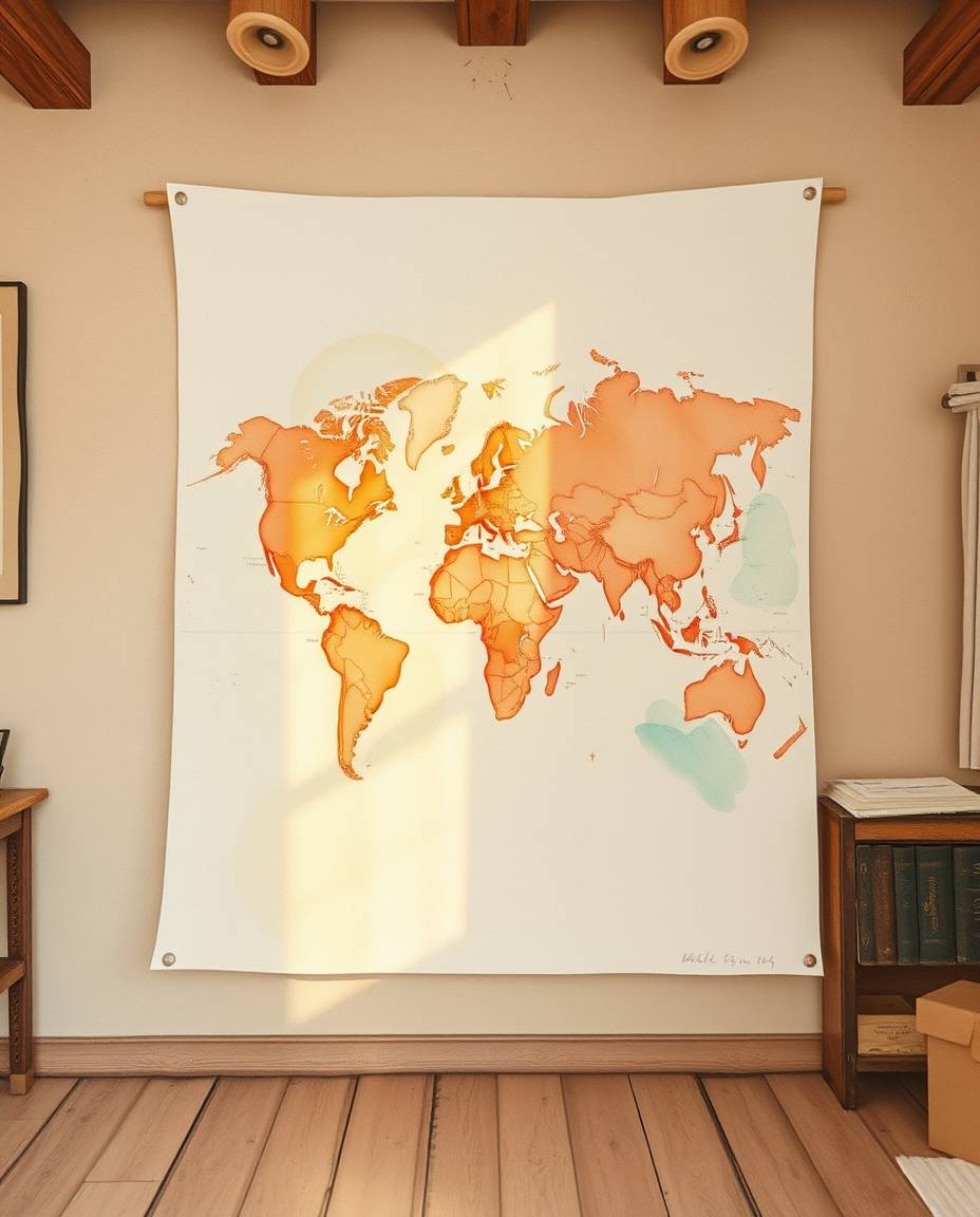 A delicate watercolor painting portrays a glowing map projection within an old, atmospheric study. The artwork showcases tran