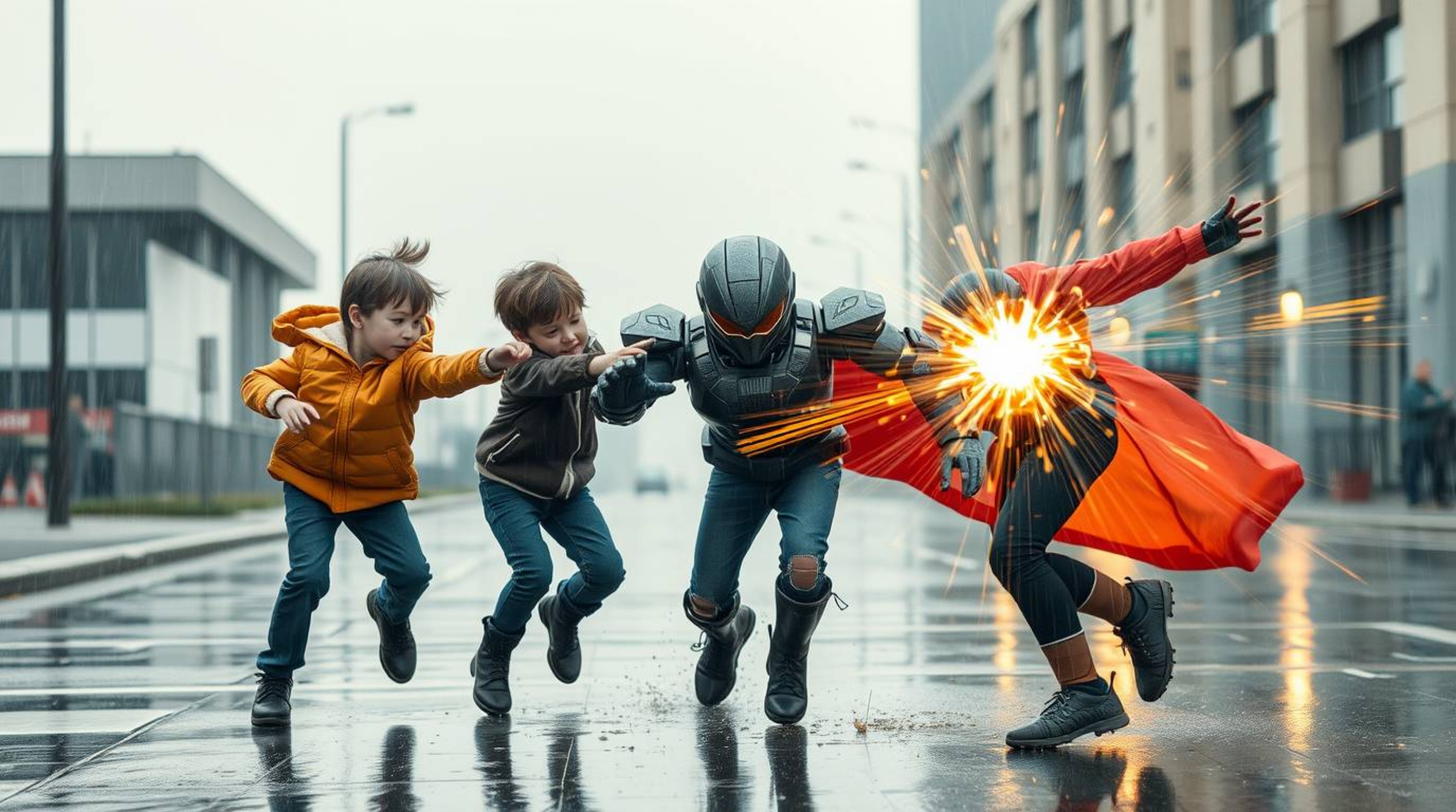 A high-resolution photograph showcases three superpowered children in dynamic action, battling a robot amidst a light drizzle