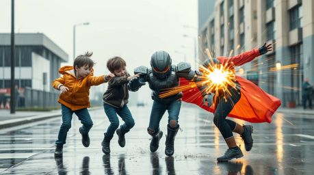 A high-resolution photograph showcases three superpowered children in dynamic action, battling a robot amidst a light drizzle