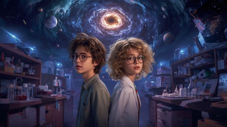 A dramatic and whimsical photograph with a cinematic, Pixar-like flair captures a thrilled science fair duo—a curious boy and