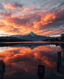 A distinct split candid street photography piece that creatively juxtaposes urban scenes with the reflections of fiery clouds