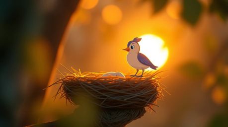 Experience the beauty of warm golden hour light combined with the charm of classic animation. Witness two cartoon birds dilig