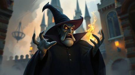 A captivating digital painting depicts a classic Disney villain casting a spell within an ancient castle. The artwork feature