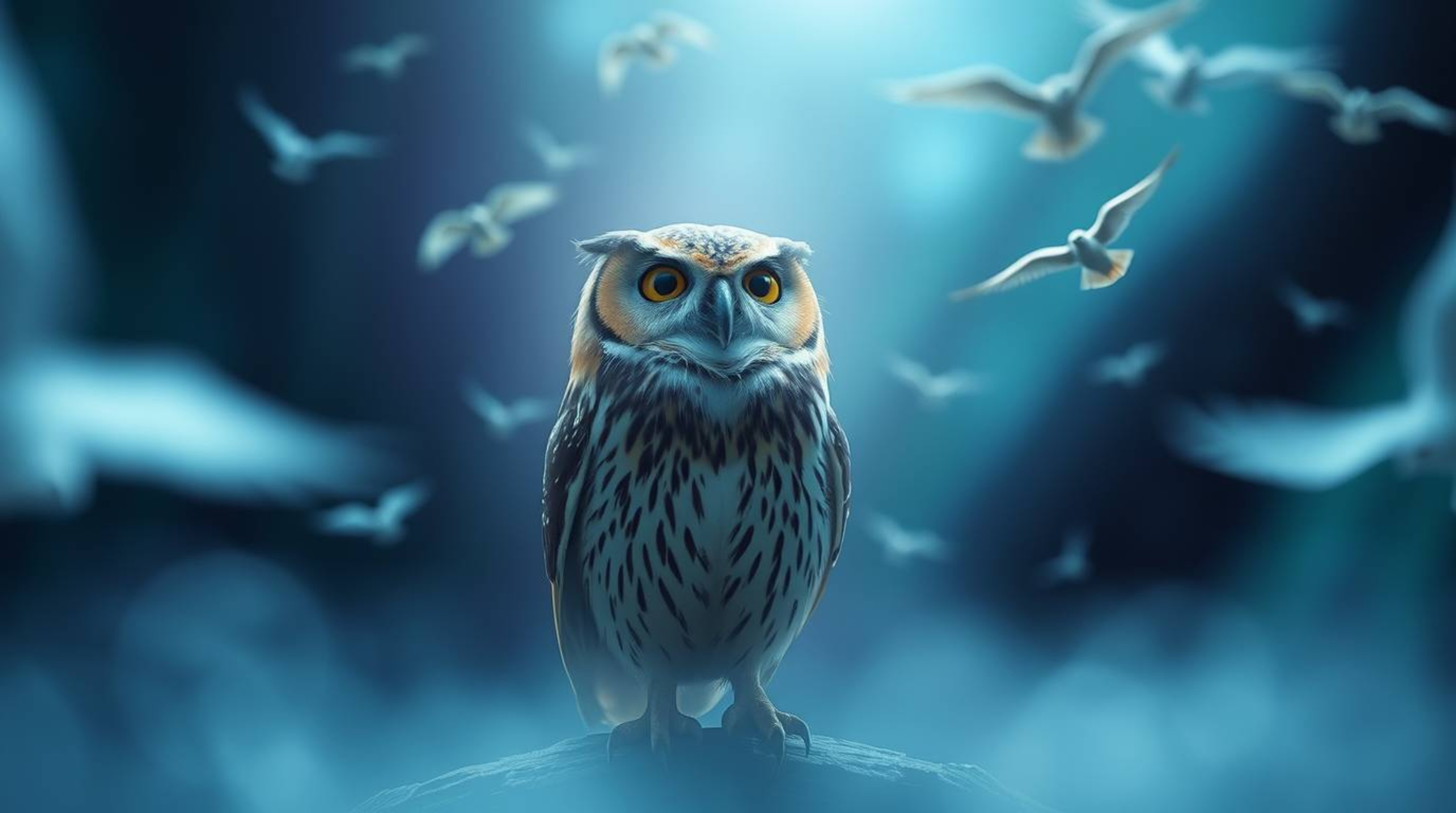 An ethereal and spiritual scene is captured through long exposure, featuring a blind owl in a Pixar style with a proud stance