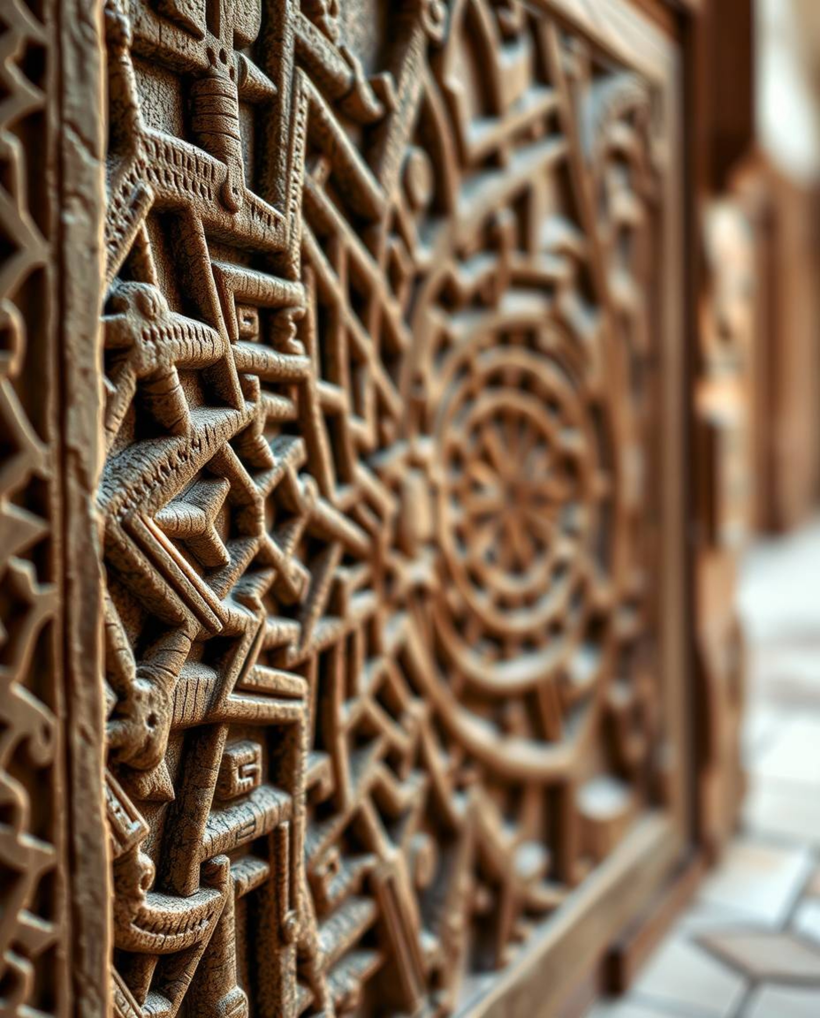 Explore the beauty of Islamic geometric patterns meticulously carved in stone, rendered with a unique papier-mâché texture. T