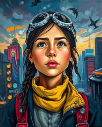 A captivating acrylic painting portrays a young, determined inventor girl with warm skin tones amidst a futuristic city's int