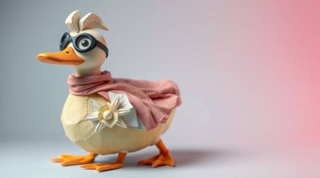 A whimsical papier-mâché sculpture of a duck, sporting a zany superhero costume, rendered in soft pastel colors for a gentle 