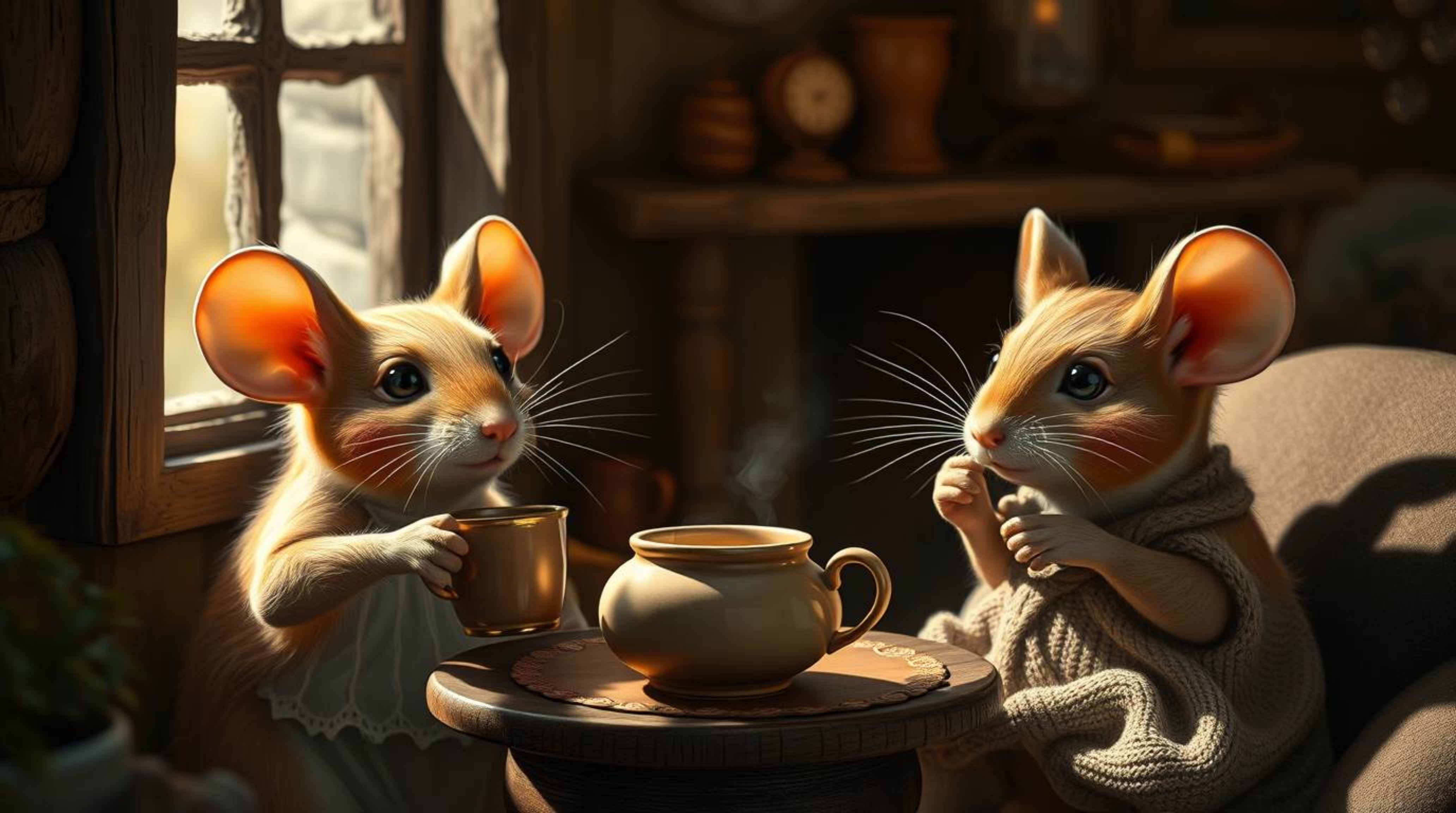 Anthropomorphic mice with charming features, light brown fur, and rosy cheeks are depicted enjoying tea in a cozy cottage. Ba