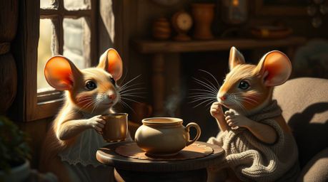 Anthropomorphic mice with charming features, light brown fur, and rosy cheeks are depicted enjoying tea in a cozy cottage. Ba