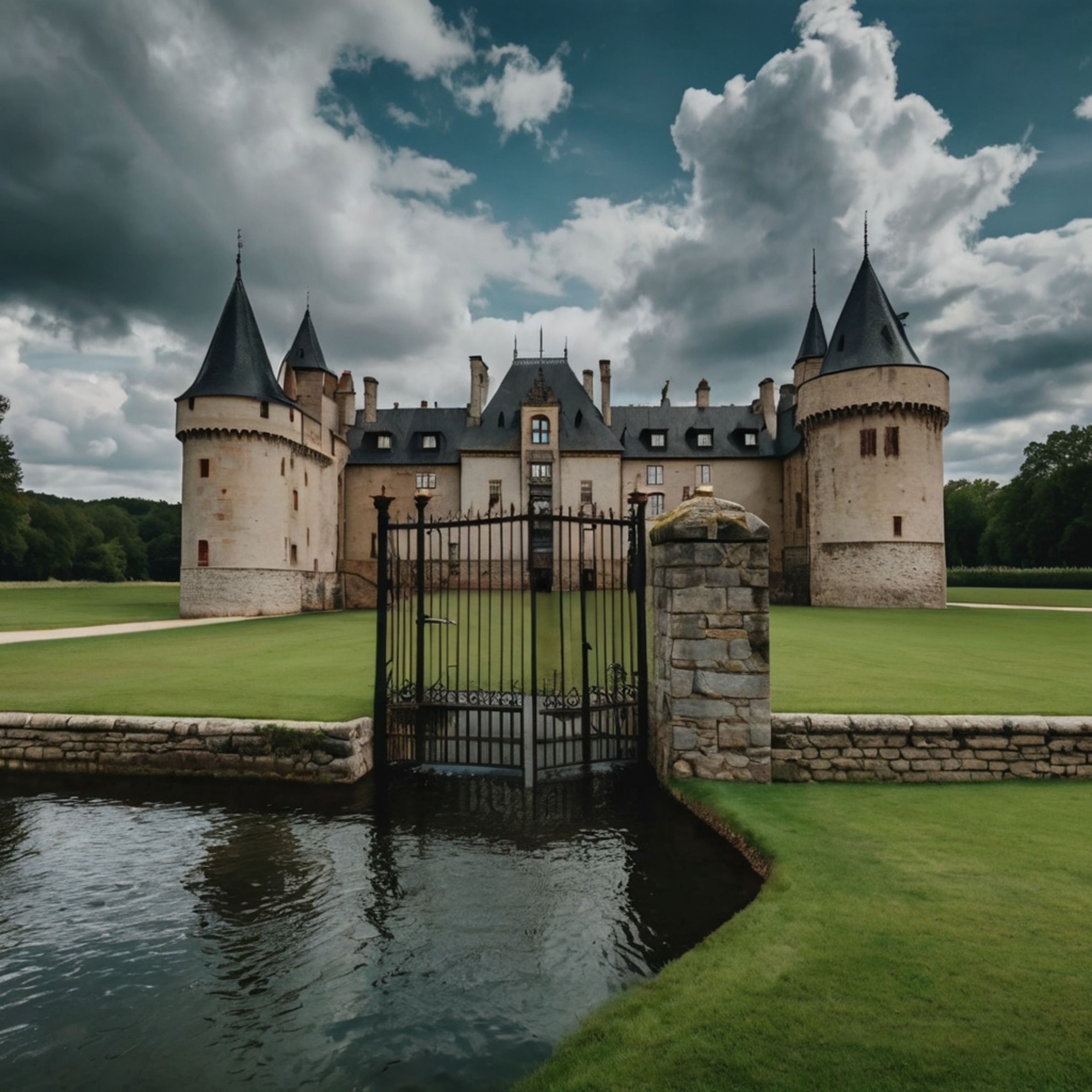 Explore the timeless allure of an old European castle, complete with sprawling green lawns, a protective moat, and imposing i