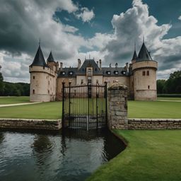 Explore the timeless allure of an old European castle, complete with sprawling green lawns, a protective moat, and imposing i