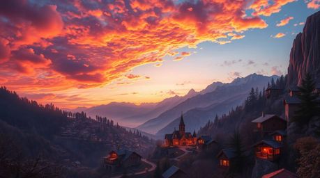 This artwork presents a radiant and luxurious depiction of a cozy village nestled in a valley, bathed in the warm golden glow