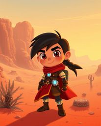 Embark on a thrilling Disney-style desert adventure with a brave hero, set against a backdrop of futuristic sci-fi aesthetics