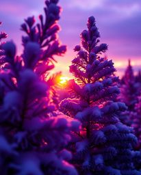 A tight close-up shot captures the mesmerizing scene of sunset light sparkling on snowy pine trees. Bathed in deep ultraviole