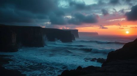 A captivating image of waves crashing against dramatic cliffs during a vibrant sunset. Cool blues, greens, and purples create