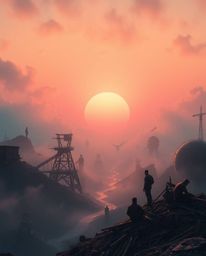 A dreamlike and surreal depiction of a sunrise over a war-torn landscape.  Hazy soft light permeates the scene, highlighting 