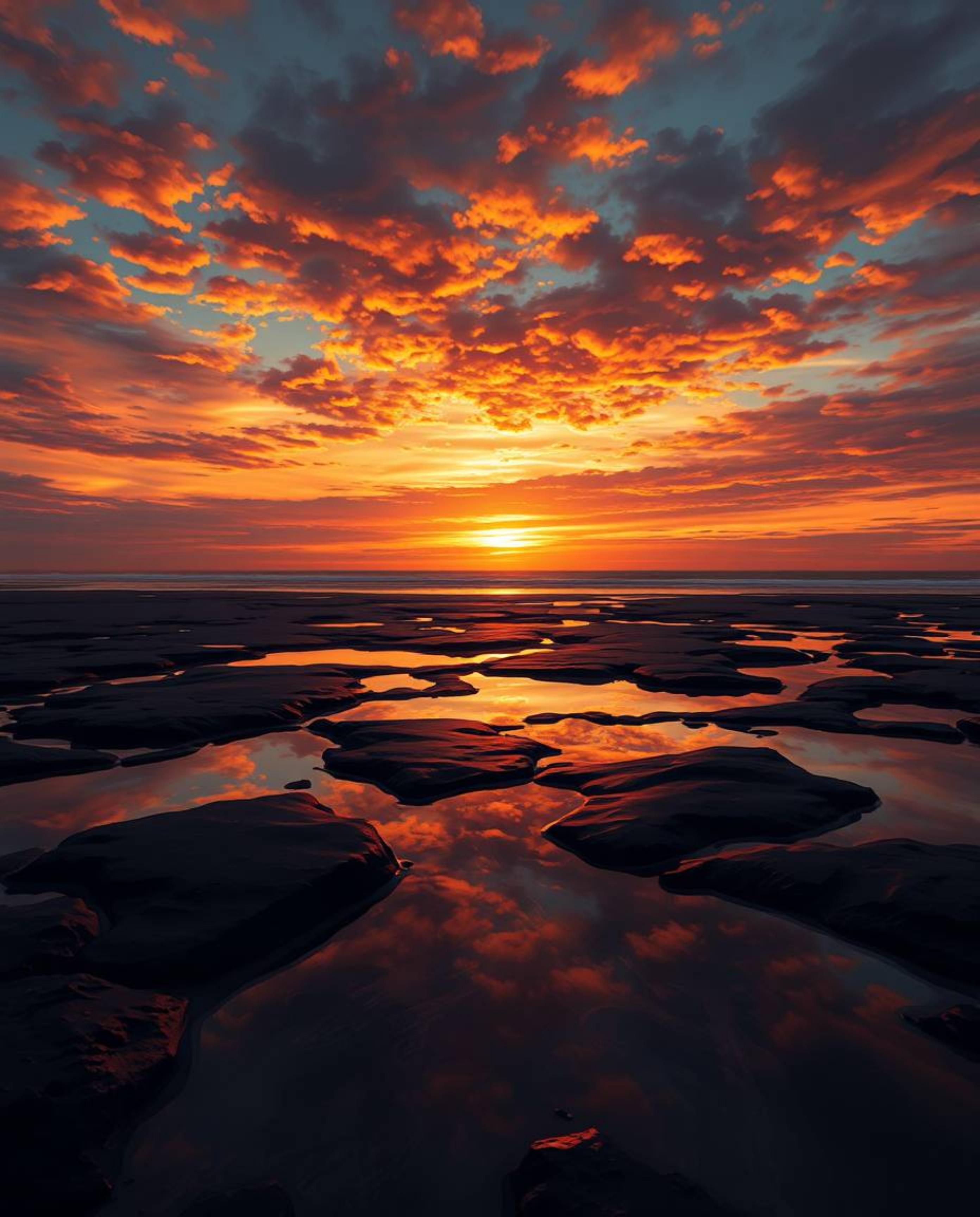 A digital painting captures a sunset sky mirrored in tidal pools on a beach, distinguished by its use of contrasting chiarosc