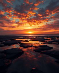 A digital painting captures a sunset sky mirrored in tidal pools on a beach, distinguished by its use of contrasting chiarosc