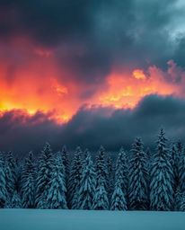 A scene of high tension is created as dramatic sunset light sparkles on snowy pine trees under stormy skies. The image is def