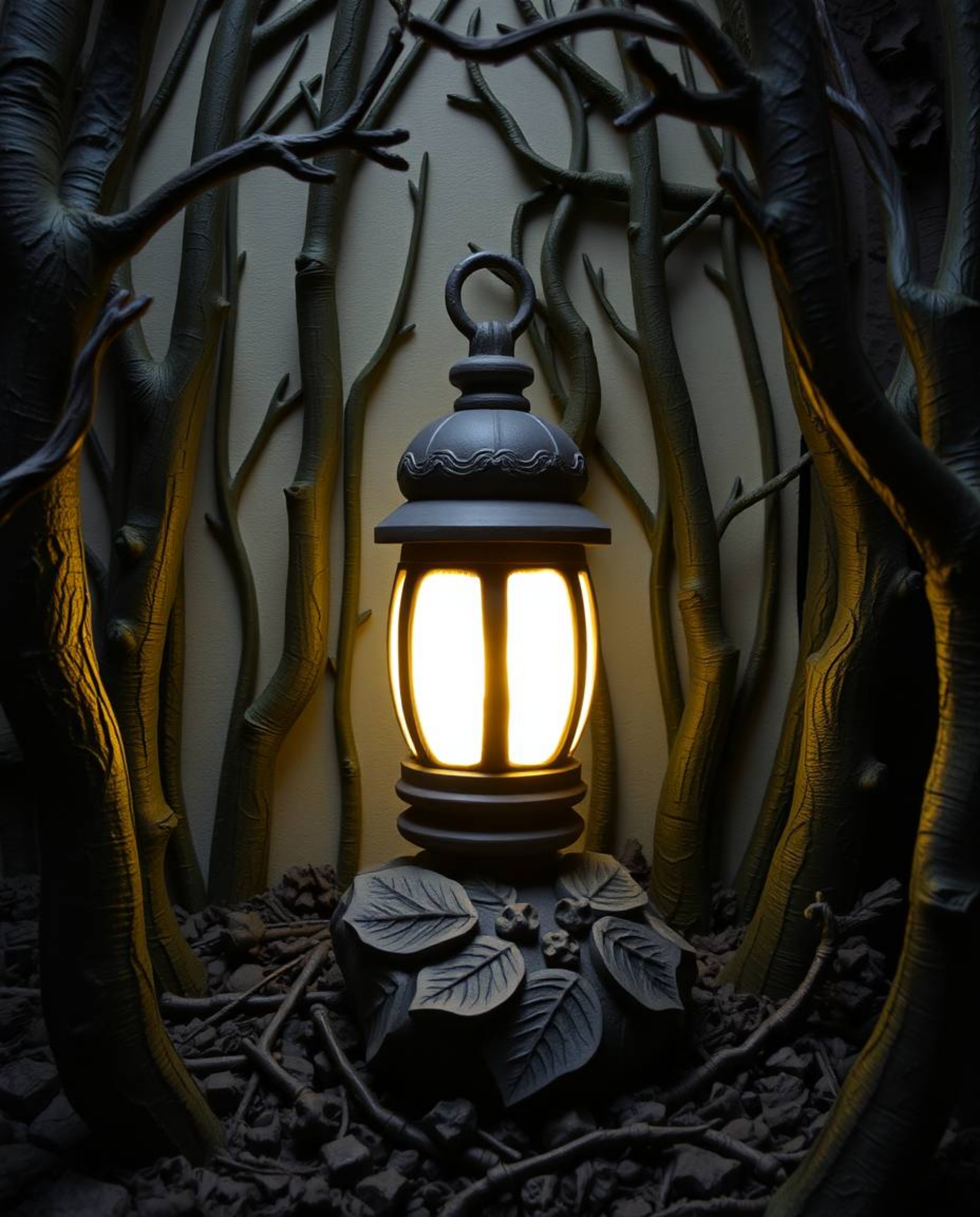 This sculptural clay art piece depicts a glowing lantern illuminating a dark forest. The modeled shapes and textured surfaces