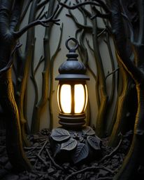 This sculptural clay art piece depicts a glowing lantern illuminating a dark forest. The modeled shapes and textured surfaces