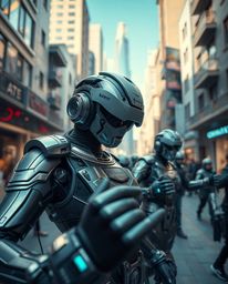 Experience a futuristic sci-fi musical number set in a vibrant town square, featuring advanced technology, captivating space 