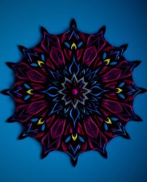 This stunning geometric floral mandala features a rich burgundy and deep blue color palette, illuminated by a gentle, soft li