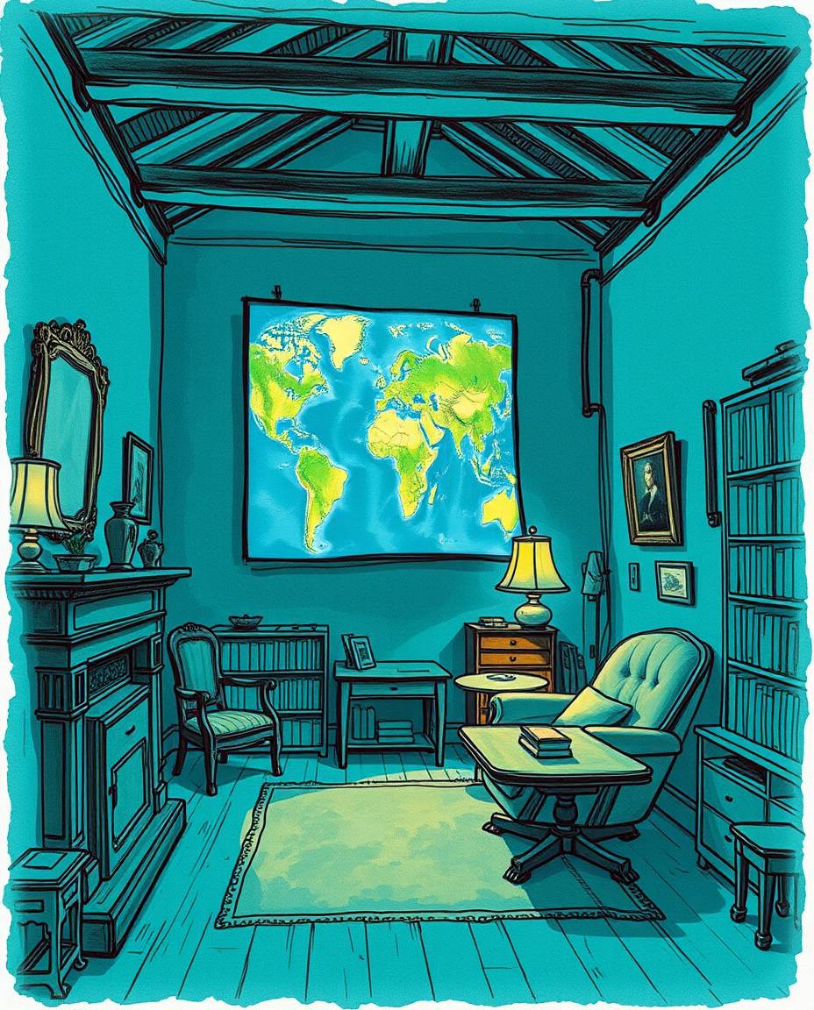 A hand-drawn sketch in rich deep teal showcases a glowing map projected in the air within an old study, exuding luxurious vib
