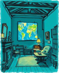 A hand-drawn sketch in rich deep teal showcases a glowing map projected in the air within an old study, exuding luxurious vib