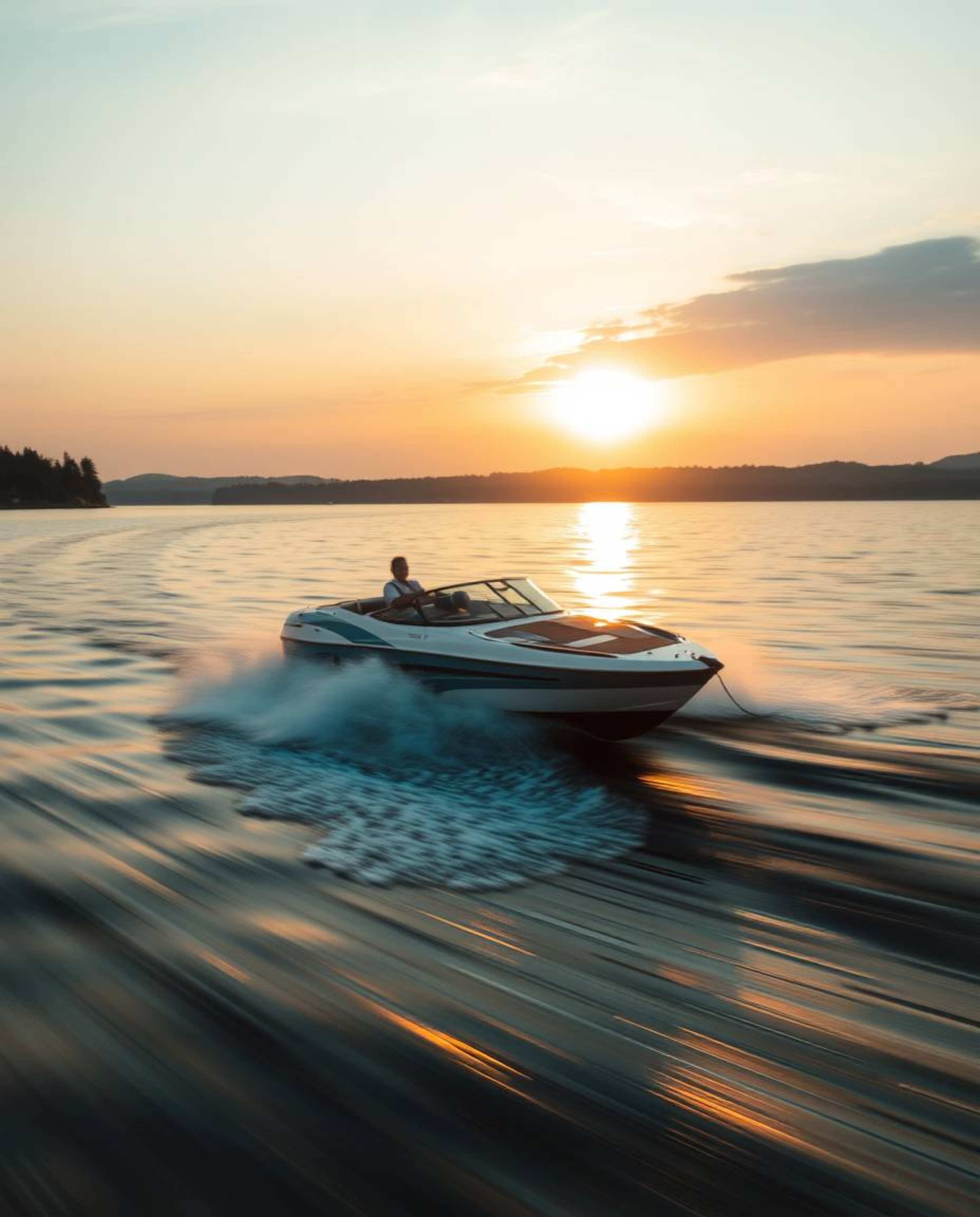A boat dynamically drifts across a lake at sunset, captured in gentle soft light with diffused shadows, the image emphasizing