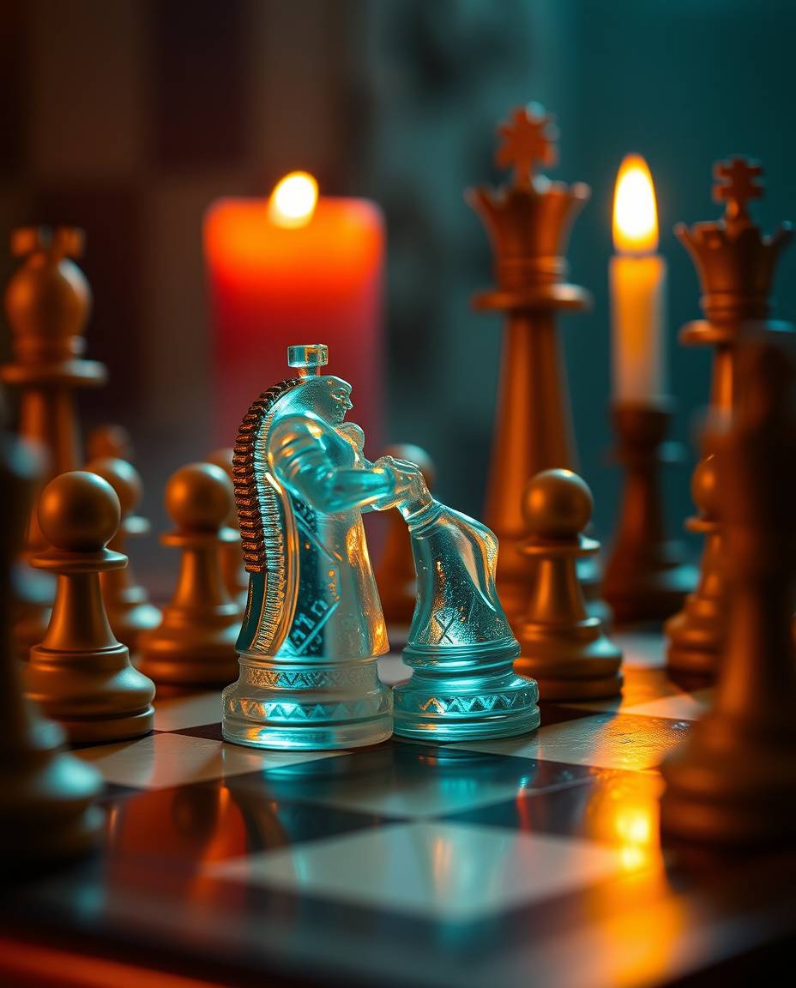 A captivating image featuring a chessboard and chess pieces frozen in a dynamic state of destruction, illuminated by the warm