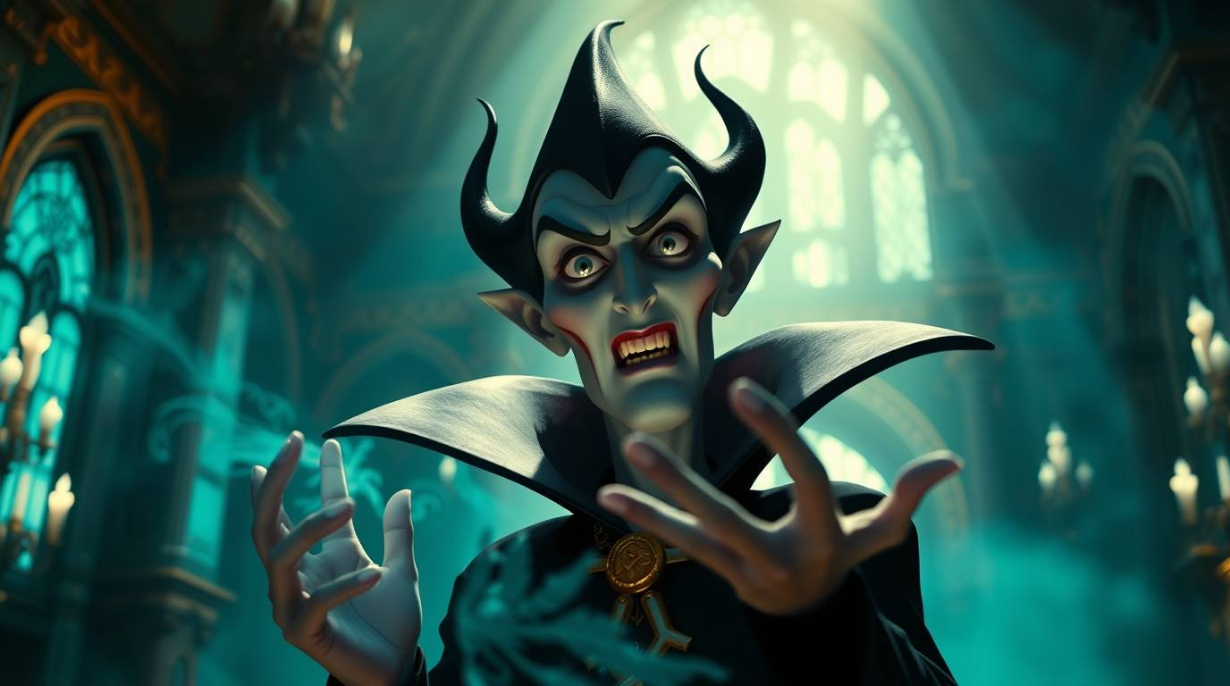 A classic Disney villain, with sharp features and pale skin, casts a spell within a grand, opulent castle bathed in rich, dee