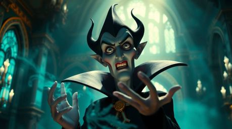 A classic Disney villain, with sharp features and pale skin, casts a spell within a grand, opulent castle bathed in rich, dee