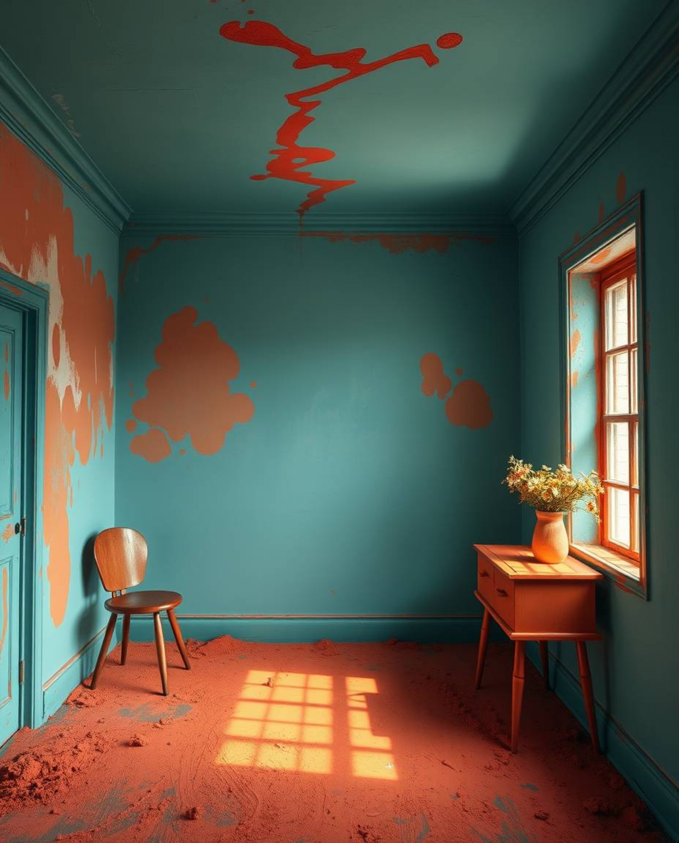 A room exploding with paint, rendered in a captivating blend of warm terracotta and cool teal, presents an earthy yet vibrant