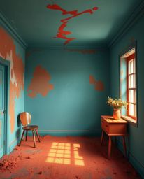 A room exploding with paint, rendered in a captivating blend of warm terracotta and cool teal, presents an earthy yet vibrant