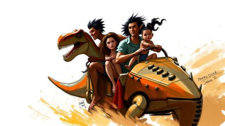 A dynamic digital sketch showcases a prehistoric family with diverse skin tones enjoying a ride on a dinosaur car.  The artwo