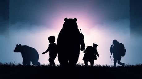 Experience the magic of a silhouetted bear family embarking on an urban adventure, bathed in cool blues, greens, and purples 