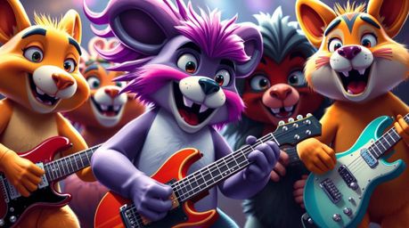 A captivating close-up showcases a lively cartoon animal band rocking out!  Their energetic expressions and bright, vivid col