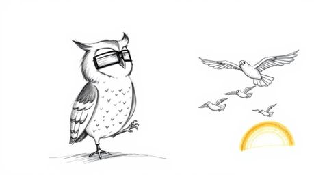A heartwarming hand-drawn sketch in the Pixar style depicts a blind owl with gentle features teaching a class of birds in fli