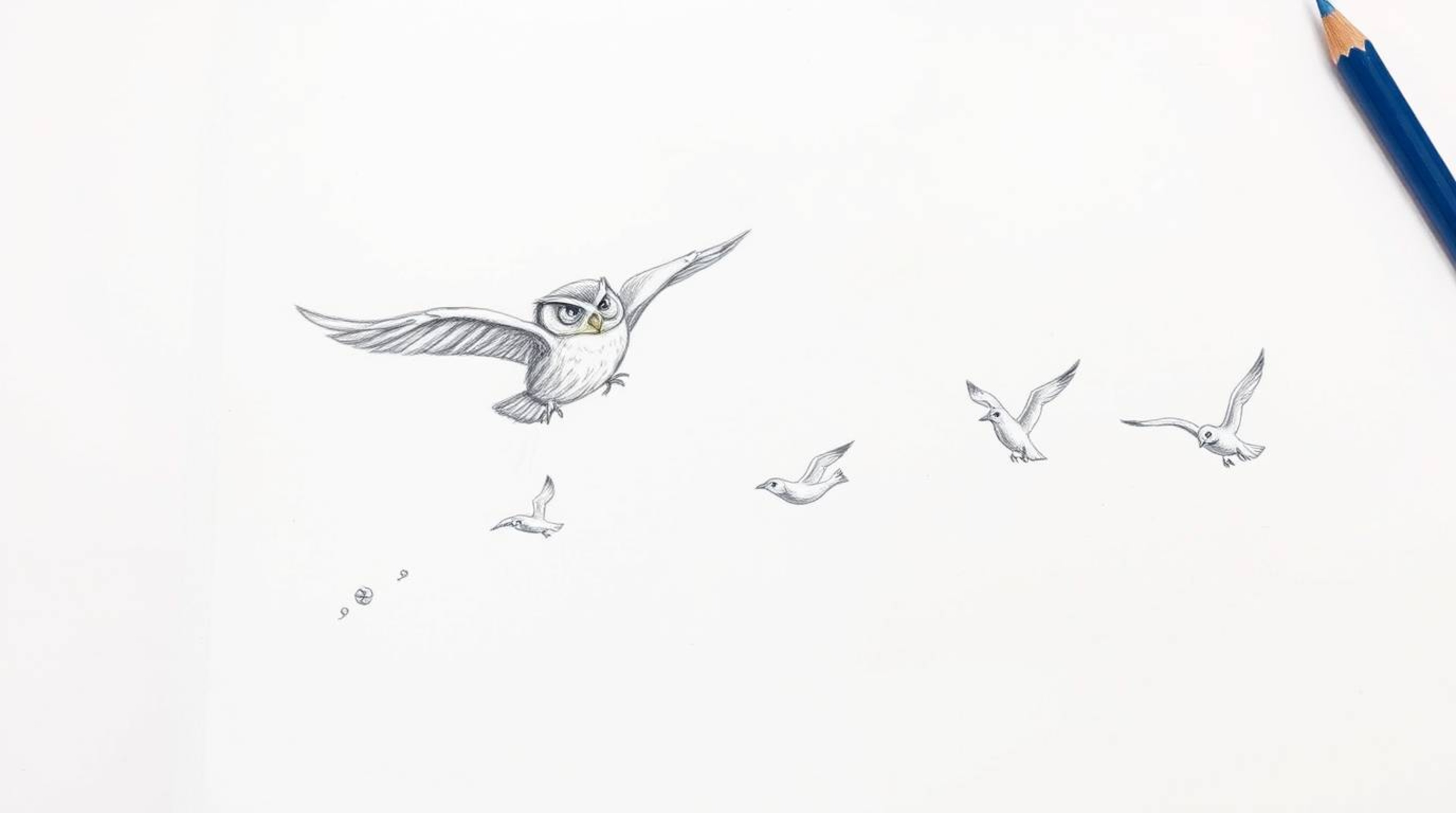 A heartwarming Pixar-style hand-drawn sketch portrays a blind owl mid-flight, selflessly guiding a group of birds in their fl