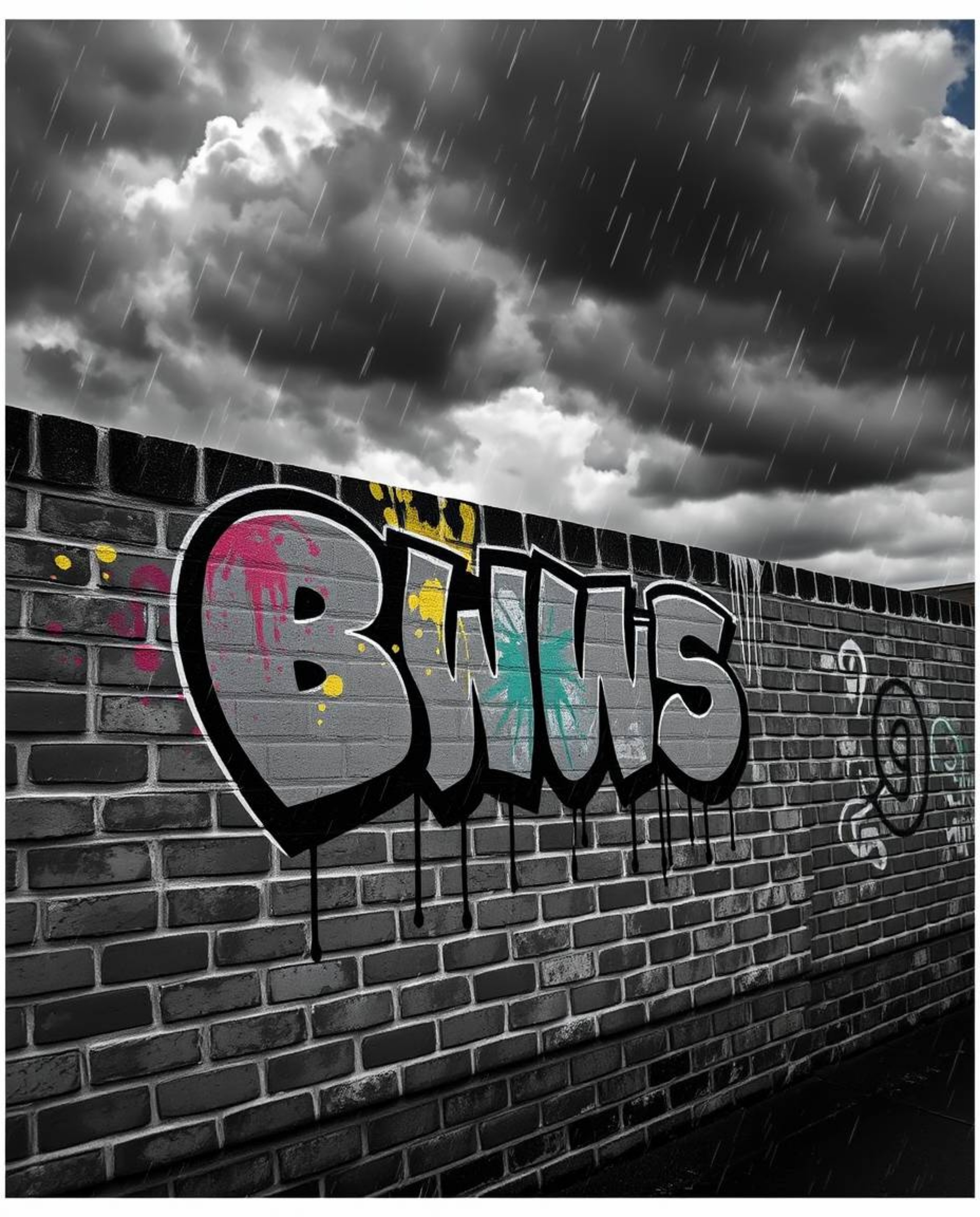 A captivating black and white photograph showcasing vibrant graffiti art splashed across a textured brick wall, set against t