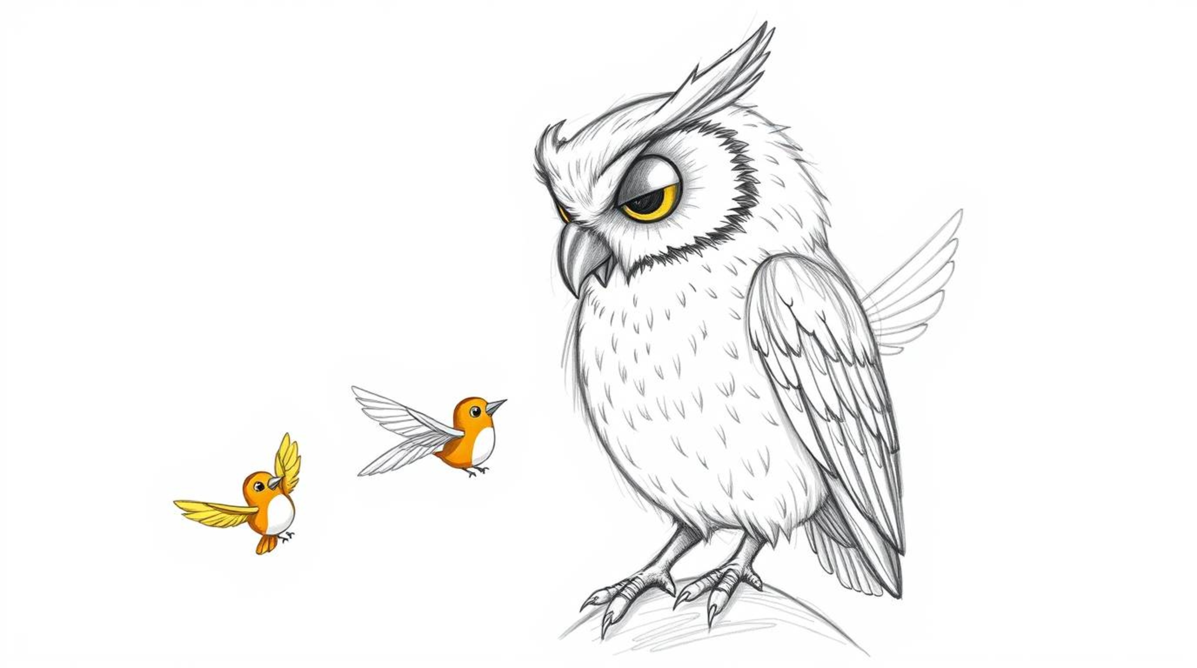 A heartwarming hand-drawn pencil sketch depicts a blind owl with soft feathers and expressive eyes gently teaching a flock of