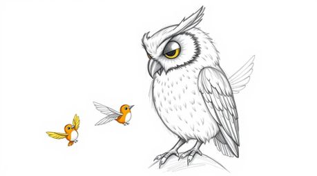A heartwarming hand-drawn pencil sketch depicts a blind owl with soft feathers and expressive eyes gently teaching a flock of