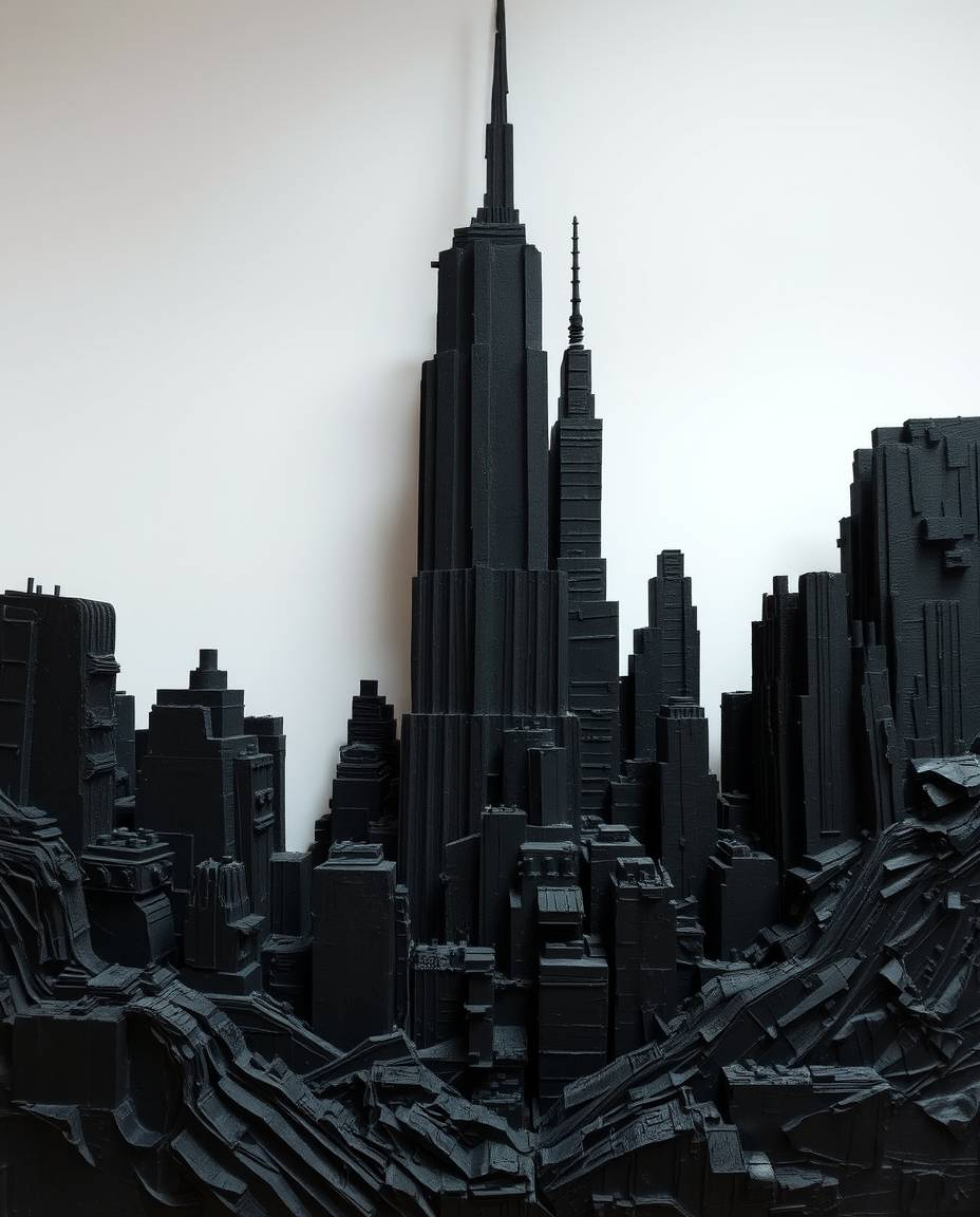 This intense jet black papier-mâché sculpture depicts a mesmerizing glitchy digital landscape. Featuring distorted skyscraper