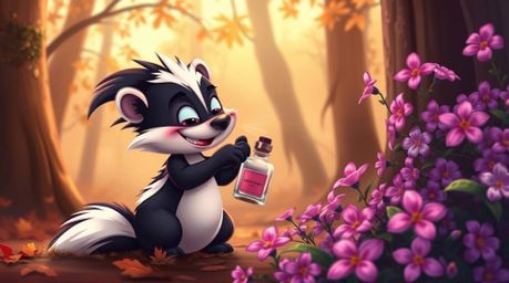 A mischievous cartoon skunk, adorned with dark fur and striking white stripes, playfully sprays perfume onto vibrant pink and