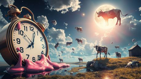 An elegantly rendered surreal dreamscape featuring melting clocks and floating cows.  The artwork boasts bright lens flares, 